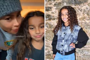 Two side-by-side images of a child with curly hair. Left: with an adult, wearing casual clothing. Right: smiling, wearing a patterned jacket