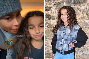 Two side-by-side images of a child with curly hair. Left: with an adult, wearing casual clothing. Right: smiling, wearing a patterned jacket