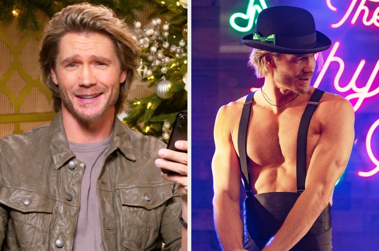 Chad Michael Murray in casual jacket holds phone and smiles; next, he wears a black hat and suspenders, shirtless, posing on stage in "The Merry Gentlemen"