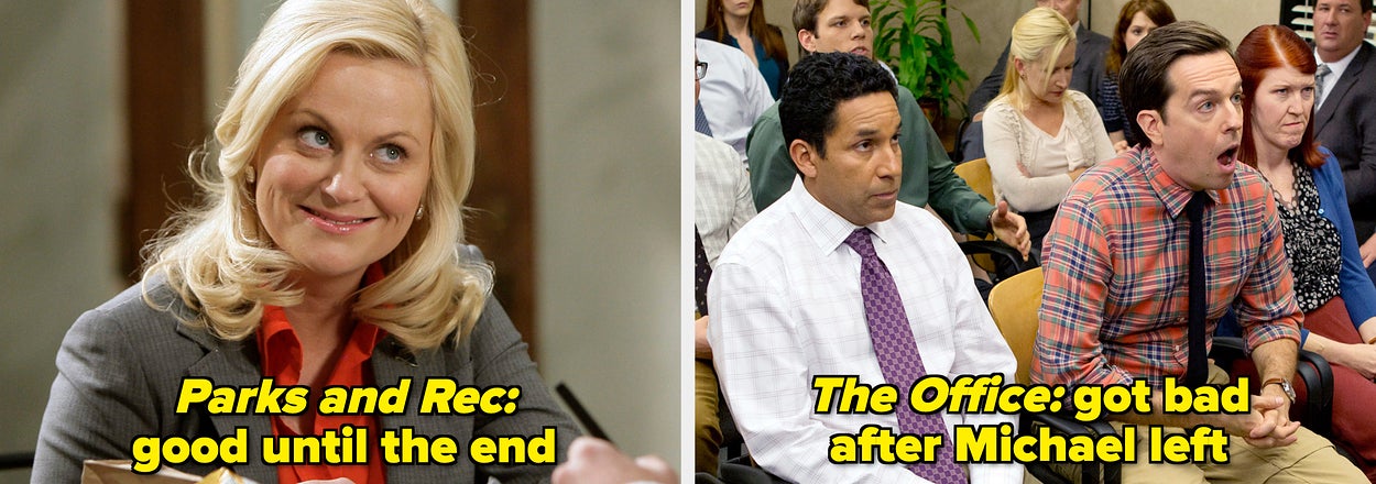 Split image: "Parks and Rec" labeled as good until the end; "The Office" labeled as declining after Michael's departure