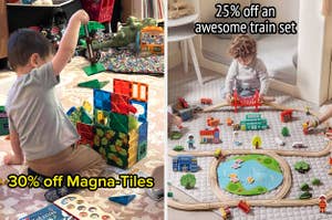Left image: Child decorates toy tree with "20% off this viral fave." Right image: Child plays with train set, marked "25% off an awesome train set."