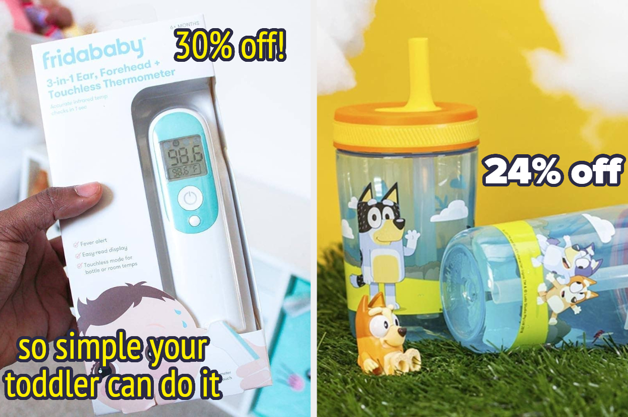 Thermometer with "30% off" text and Bluey-themed sippy cups with "24% off" text, suggesting toddler-friendly products on sale