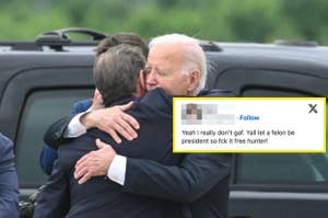 Two people are embracing in front of a vehicle. A comment overlapping the image questions political decisions regarding a felon and suggests freeing Hunter