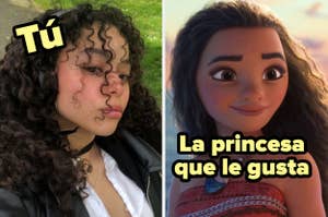 División de imagen: a la izquierda, persona con cabello rizado. A la derecha, princesa animada sonriente. Texto: "Tú" y "La princesa que le gusta"