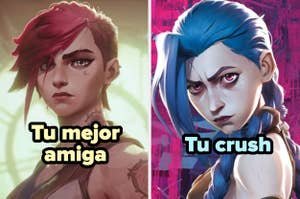 Ilustraciones de dos personajes de estilo animado; uno con cabello corto y otro con trenza, con texto "Tu mejor amiga" y "Tu crush"
