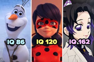 Personajes animados con diferentes IQ: Olaf con 86, Ladybug con 120, y otra figura femenina con 162