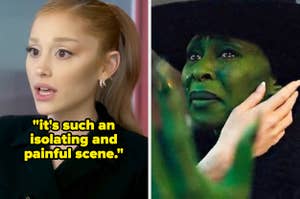 Two images: On the left, Ariana Grande speaking with a serious expression. On the right, Elphaba in a hat, looking emotional