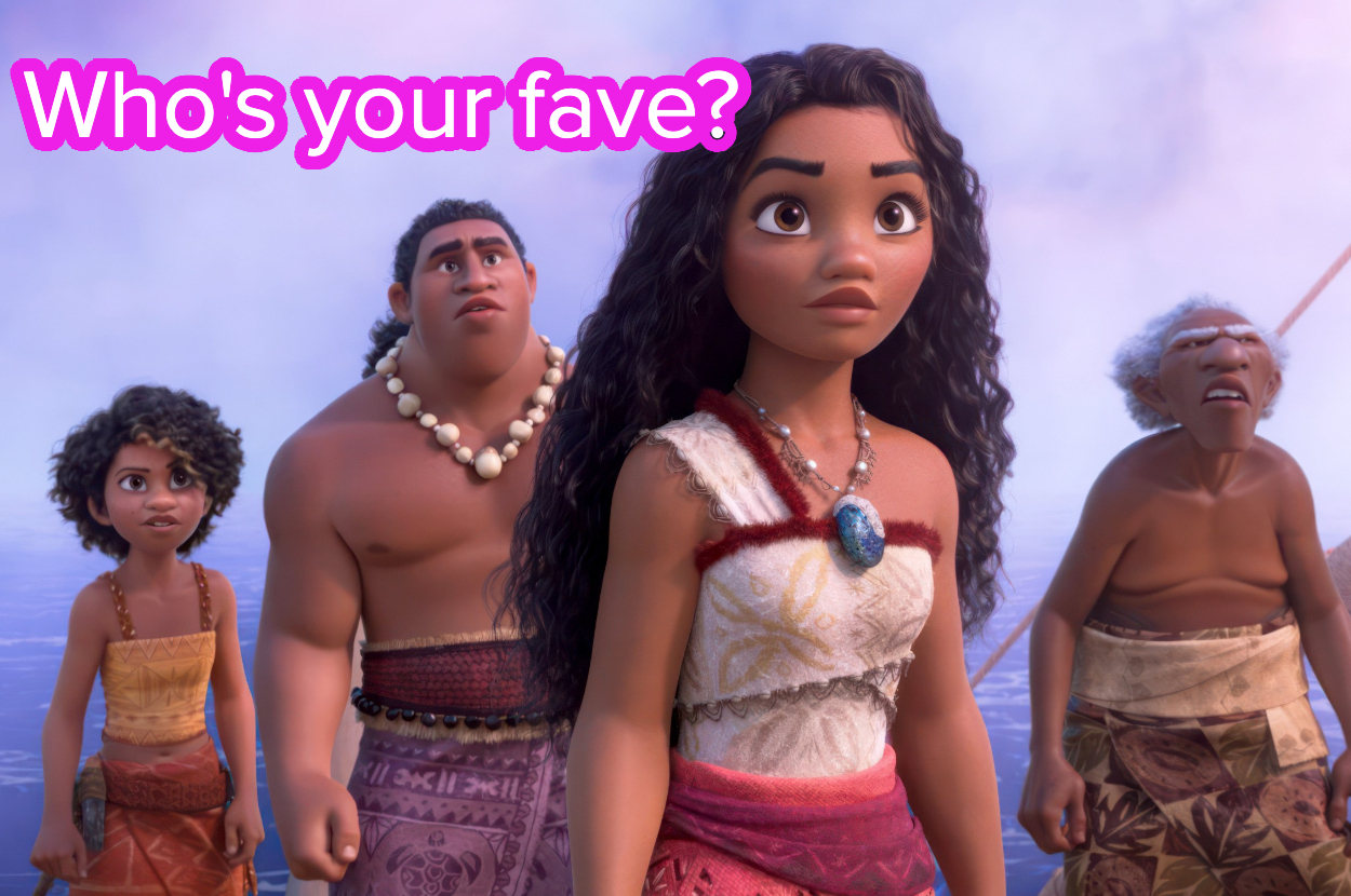 Animated characters from "Moana" stand on a boat. Text reads: "Who's your fave?"