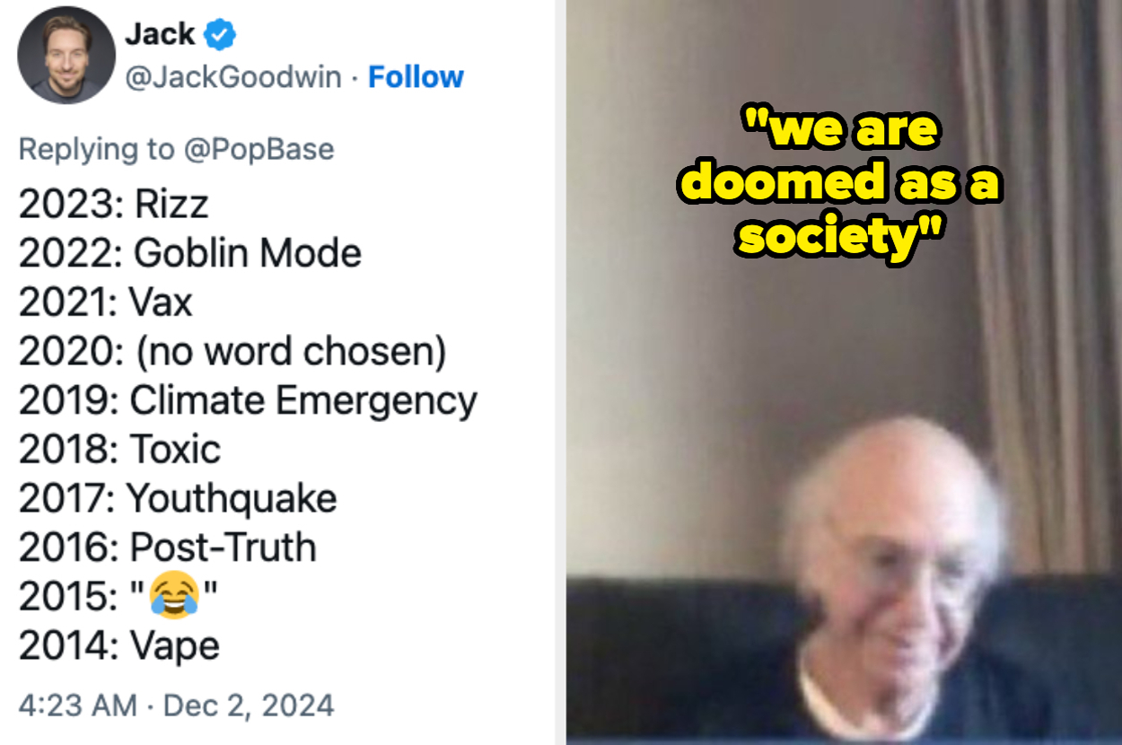 List of yearly words from 2014 to 2023; the quote reads, "we are doomed as a society."