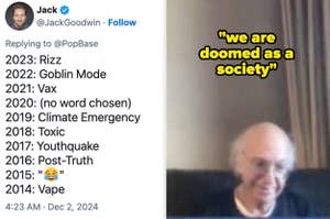 List of yearly words from 2014 to 2023; the quote reads, "we are doomed as a society."