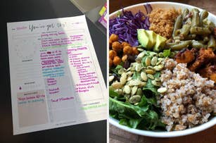 Left: A handwritten planner page with a to-do list and notes. Right: A bowl with grains, chickpeas, veggies, avocado, and seeds