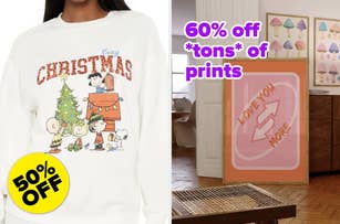 Left: Peanuts Christmas sweater with Charlie Brown and Snoopy. Right: Room art print with "Love You More" text. Discounts advertised: 50% and 60% off