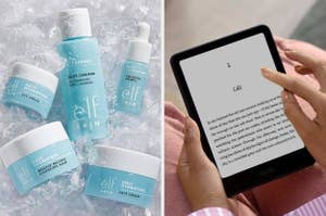 Skincare products on ice beside a person reading on a Kindle. Featured items: e.l.f. Skin Holy Hydration eye cream, face cream, cleanser, and drops
