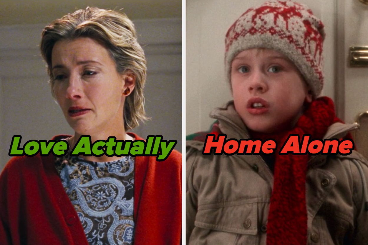 On the left, Emma Thompson as Karen in Love Actually, and on the right, Kevin from Home Alone