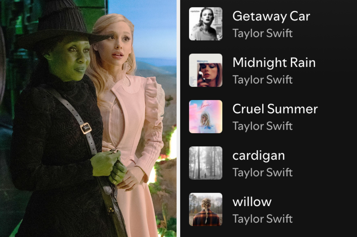 On the left, Elphaba and Glinda from Wicked, and on the right, a Taylor Swift Spotify playlist