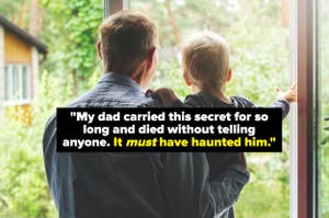 A man carries two young children with the text: "My dad carried this secret for so long and died without telling anyone. It must have haunted him."