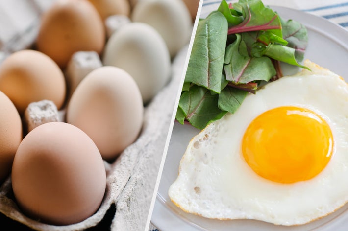 スーパーで購入した卵のイメージ(Lena Ganssmann Photography / Getty Images)/加熱調理した卵のイメージ(Kaorinne / Getty Images)