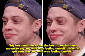 Two images of a man wearing a backward cap with amused expressions. Bottom text: "My wife was feeling unwed" instead of "unwell."