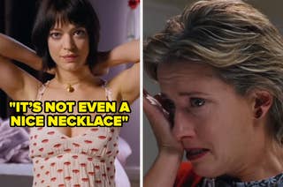 Two women in movie scenes. Left: Woman in a dress with lips pattern. Right: Woman crying, wiping tears. Text overlays: 