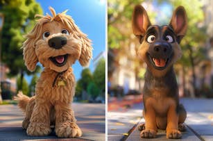 Two animated dogs sitting happily on a sunny street; one is fluffy with long ears, the other has large pointed ears