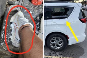 Person wearing a sneaker with a red mark on the foot beside a broken car window. Yellow arrow points to the car damage