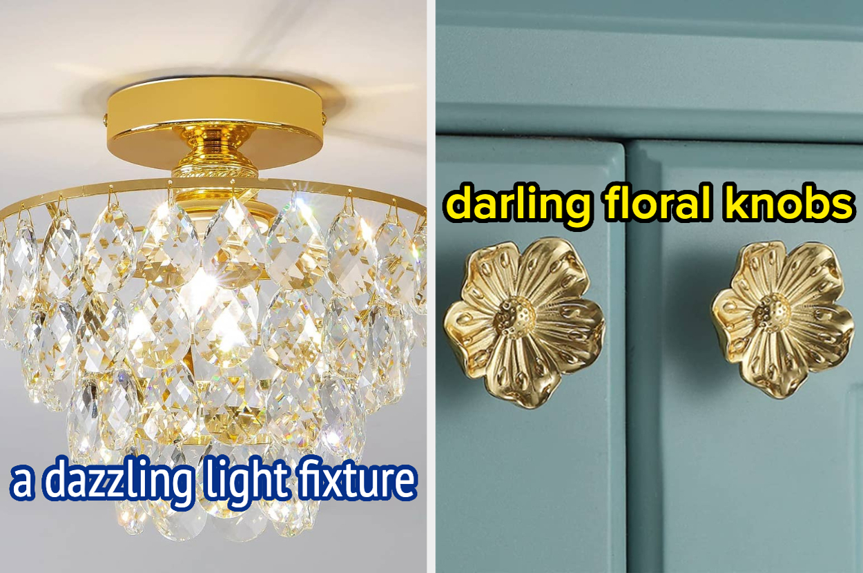 A sparkling chandelier and two gold floral knobs, featured for home décor shopping