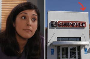 Person with a skeptical expression on the left; Chipotle storefront on the right with an arrow pointing to the sign