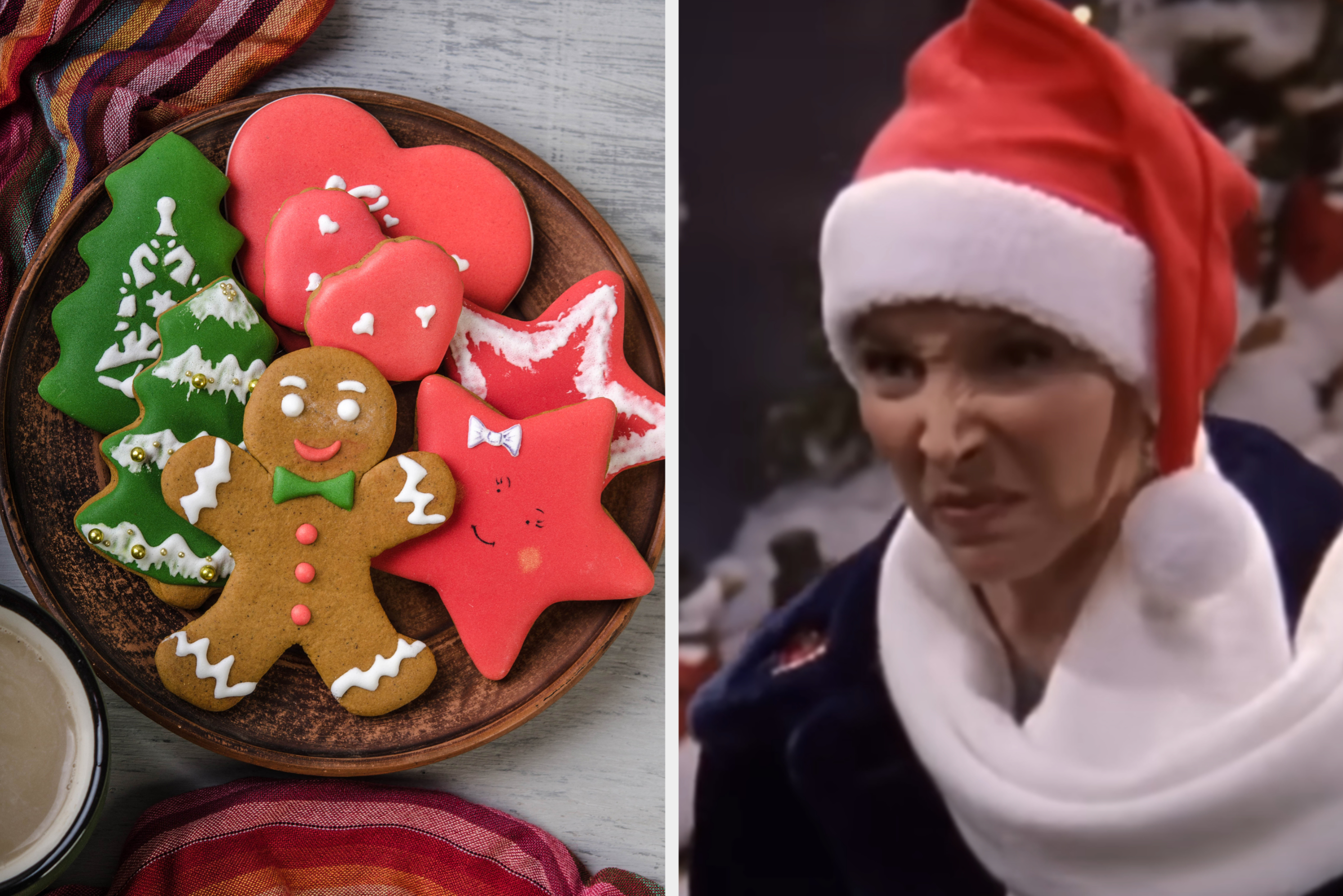 Holiday-themed cookies with festive designs on the left; Lisa Kudrow in a Santa hat and scarf making a funny expression on the right