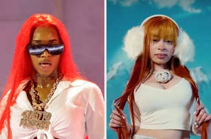 Two people wearing bold styles; left: sunglasses, white shirt, statement necklace; right: fluffy earmuffs, white top, necklace