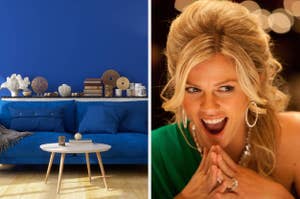Split image of a blue monochrome room and Brooklyn Decker with an excited expression.