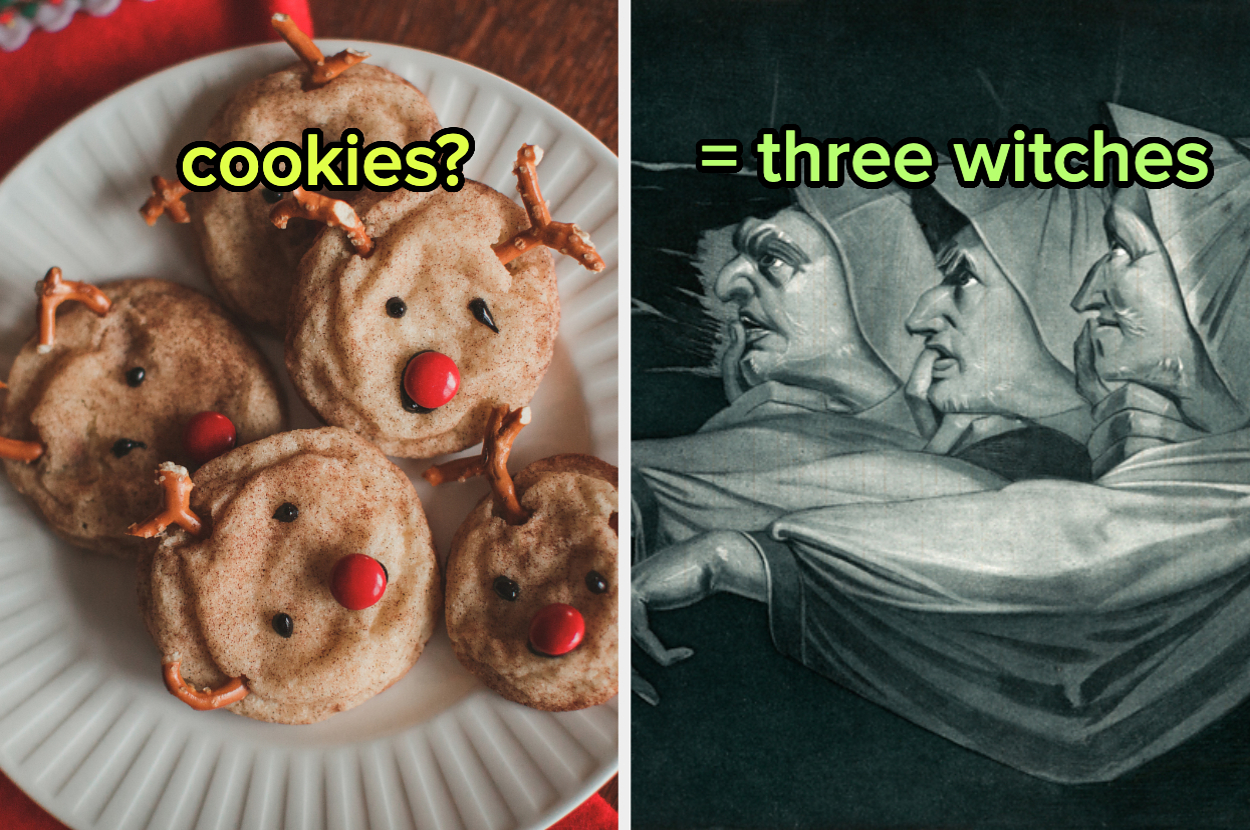 Plate of reindeer cookies on the left; illustration of three witches on the right with text asking if cookies equal witches