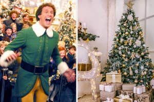 Split image of Will Ferrell in "Elf," a Christmas tree with wrapped gifts and a light-up reindeer in front.