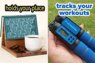 Left: Open book on a stand with a coffee cup and glasses. Right: Hand holding digital jump rope displaying time and calorie count