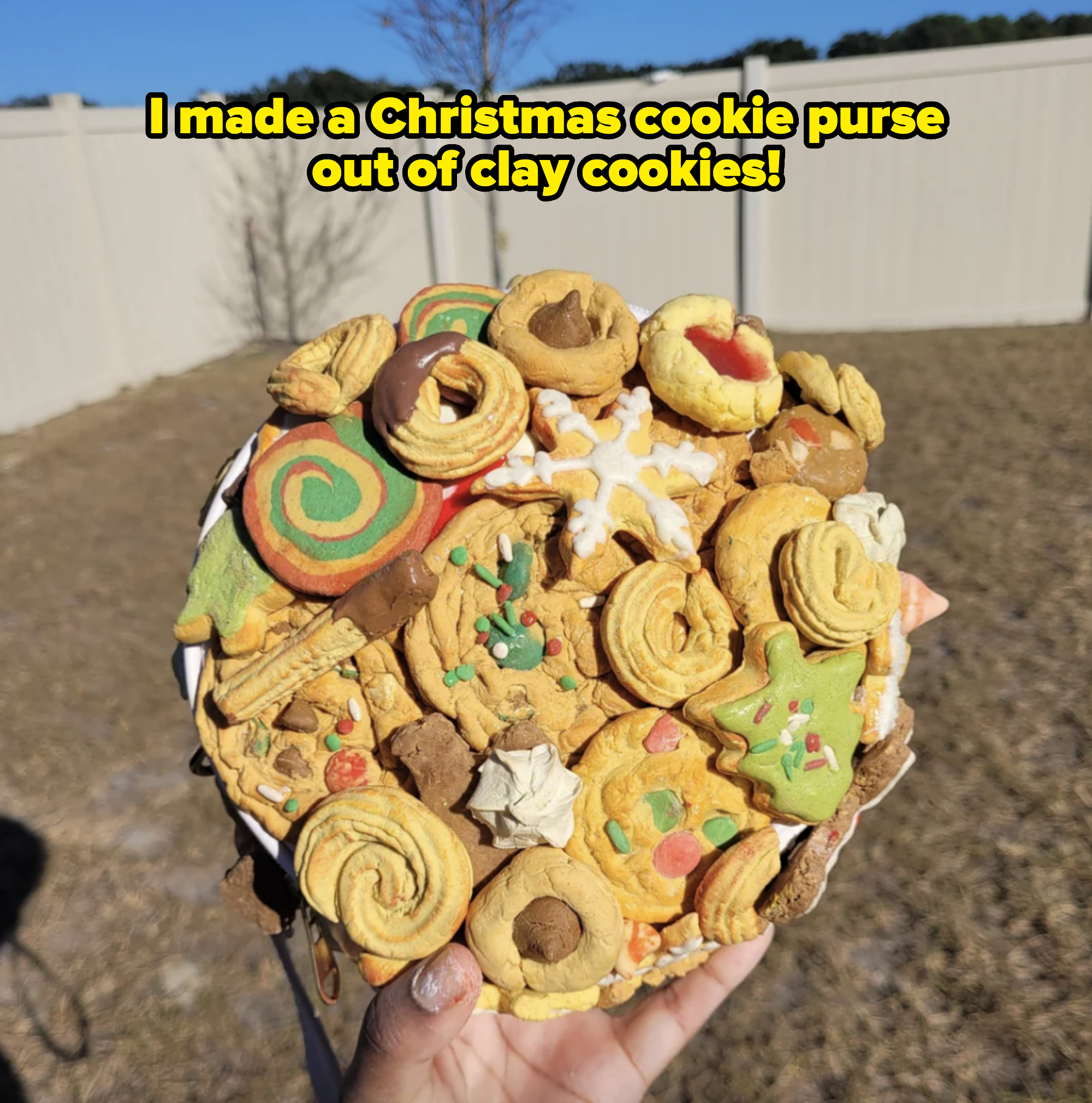 A hand holds a plate of assorted cookies, including spirals, stars, and rounds, decorated with colorful toppings, in an outdoor setting