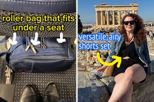 Image split: Left - Roller bag under airplane seat. Right - Person wearing a shorts set at a historic site next to Parthenon ruins