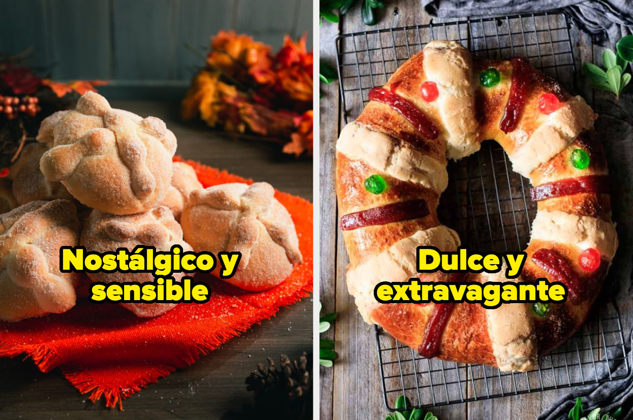 Dos panes, uno es pan de muerto descrito como nostálgico y sensible, el otro es rosca de reyes descrita como dulce y extravagante