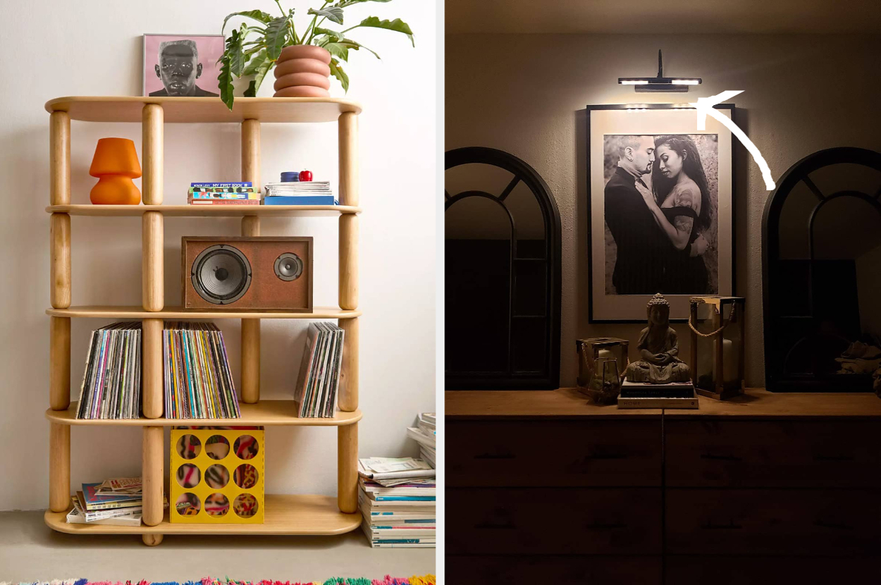 Left: A wooden shelf with records, books, a speaker, and decor items. Right: portrait light