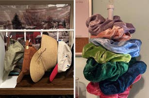 Left: Basket and bag on a shelf. Right: Luggage and clothes hanging in a closet