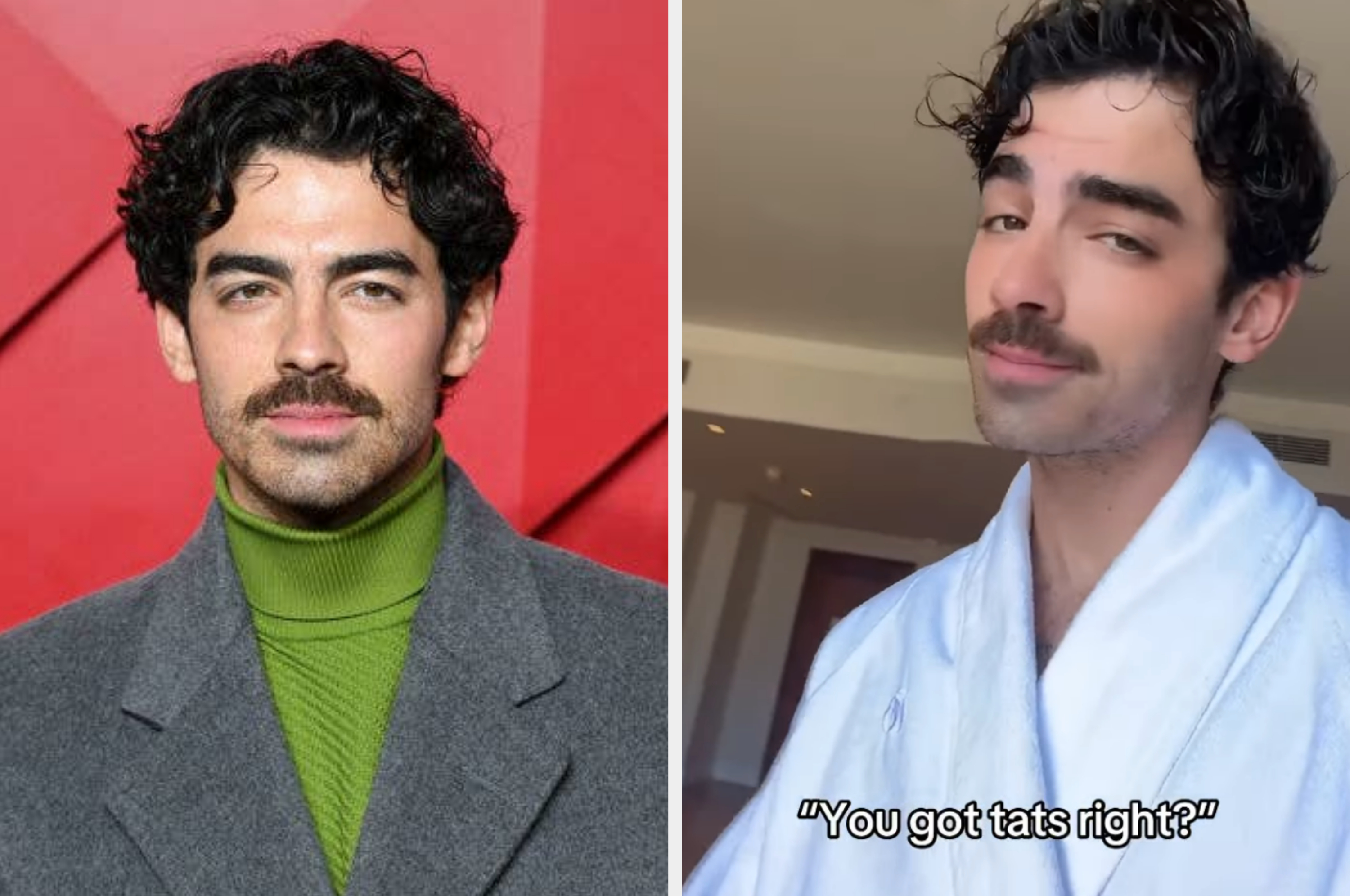 Man with curly hair and mustache on red carpet in gray coat and green turtleneck; same man in robe at home with text 
