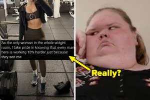 Split image: Left shows a woman in activewear at a gym with a caption about motivation, right shows a skeptical person with a "Really?" label