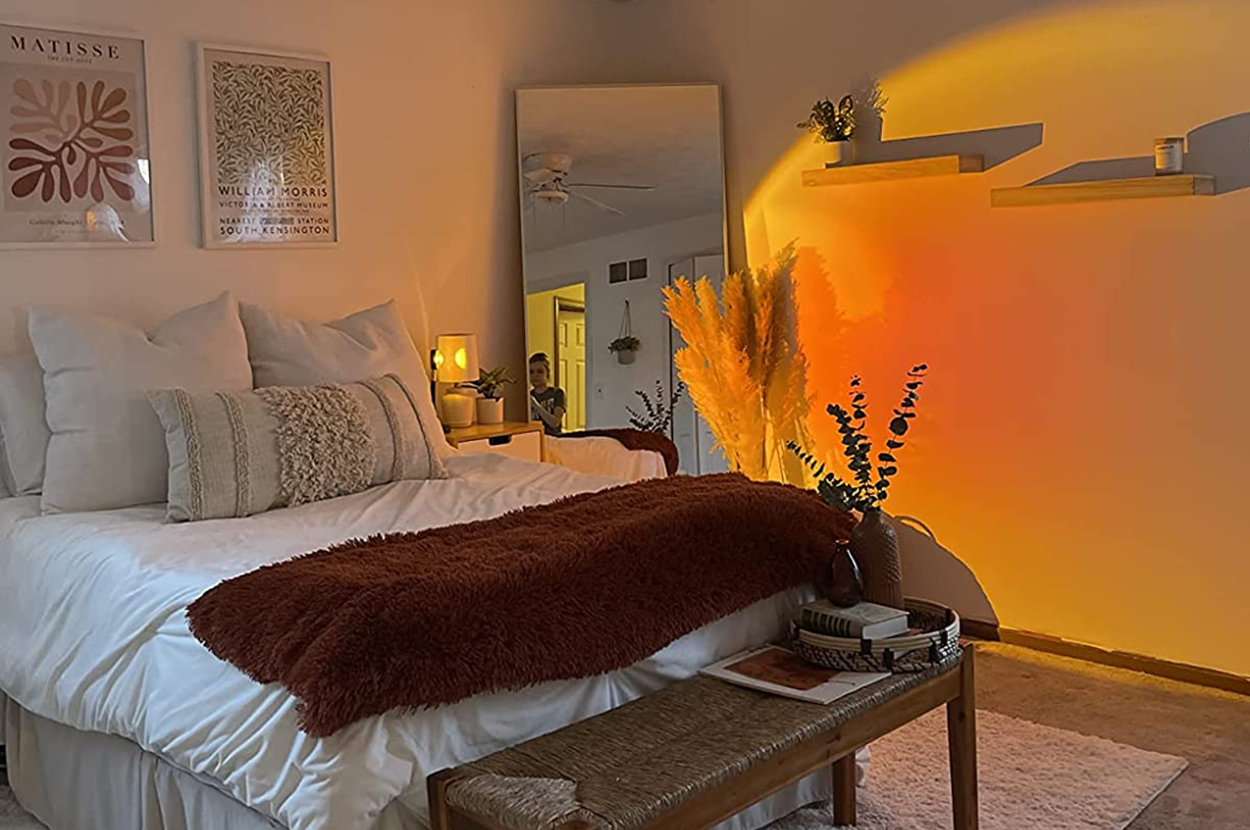 the orange light concentrated on a bedroom wall
