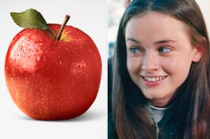 A red apple with water droplets next to a person smiling, with long hair and a light background