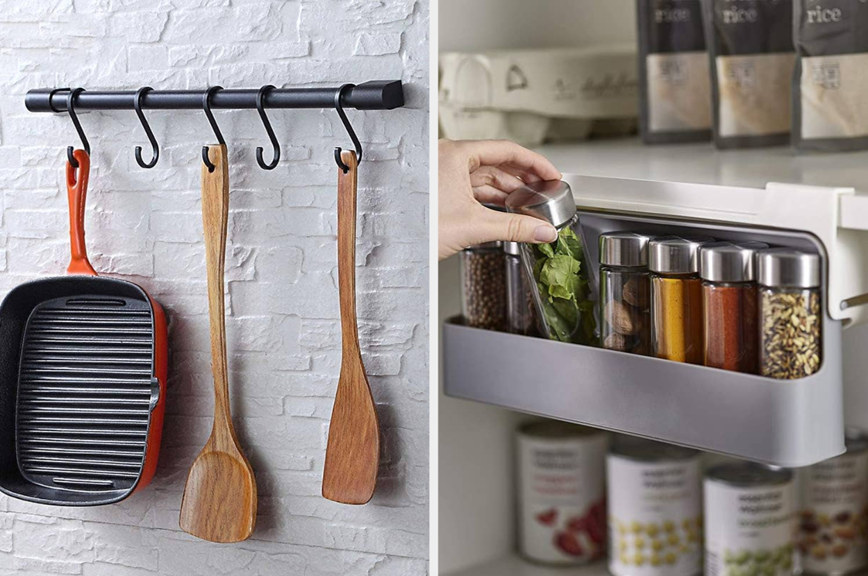 Left: Grill pan and wooden kitchen utensils hanging. Right: Hand organizes spice jars in a pantry with rice bags visible