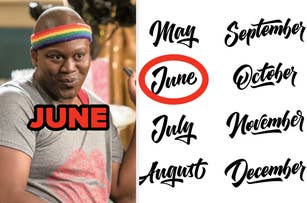 Person smiling with "June" highlighted on a list of months. The text on their shirt matches "June."