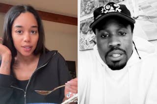 Two people on a split screen: one woman eating with a spoon, one man wearing a hoodie and cap, speaking