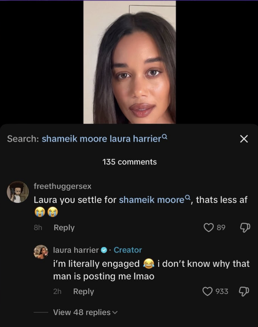 Laura Harrier responds humorously to a fan&#x27;s comment about her supposed engagement with Shameik Moore on social media