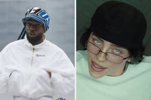 Left image: Person in a white jacket with a patterned hat. Right image: Person wearing glasses and a black hat, looking up
