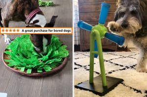 Two dogs engaging with interactive toys: a snuffle mat and a treat-dispensing puzzle. Caption: "A great purchase for bored dogs."