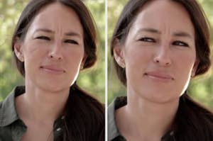 Person squinting with a neutral expression in two similar side-by-side images. They have long hair tied back and are wearing a collared shirt
