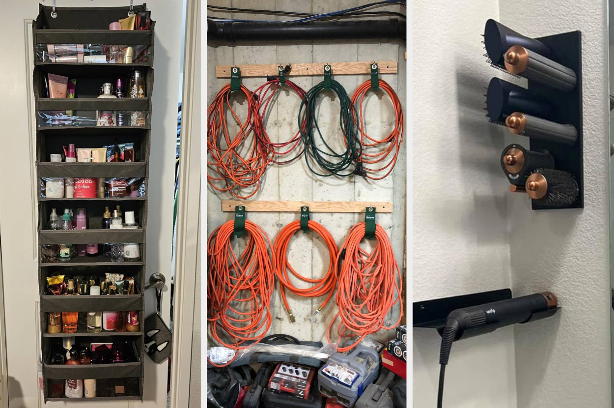 Storage solutions: Overdoor organizer with beauty products, wall-mounted hooks with coiled cables, and a holder for hair styling tools. Ideal for tidy spaces